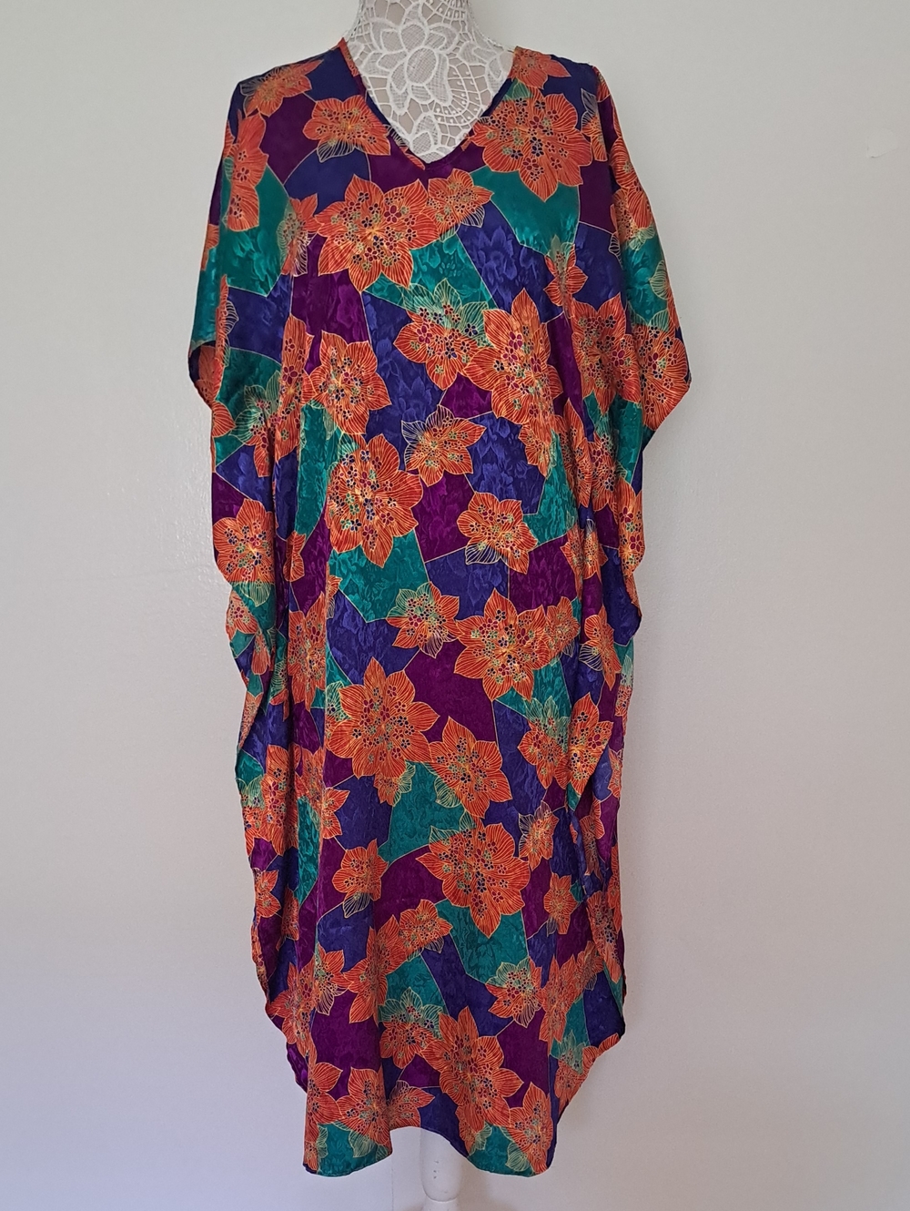 BEAU REVES BY L A Intimates Vibrant Floral Caftan Dress in Purple, Orange & Teal